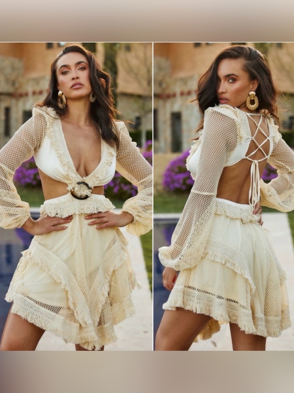 12th Tribe Cream Open-Back Crochet Mini Dress